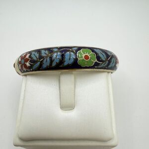 ~7.5" Vintage silver tone, Cloisonne, blue enamel bangle bracelet, Thailand!